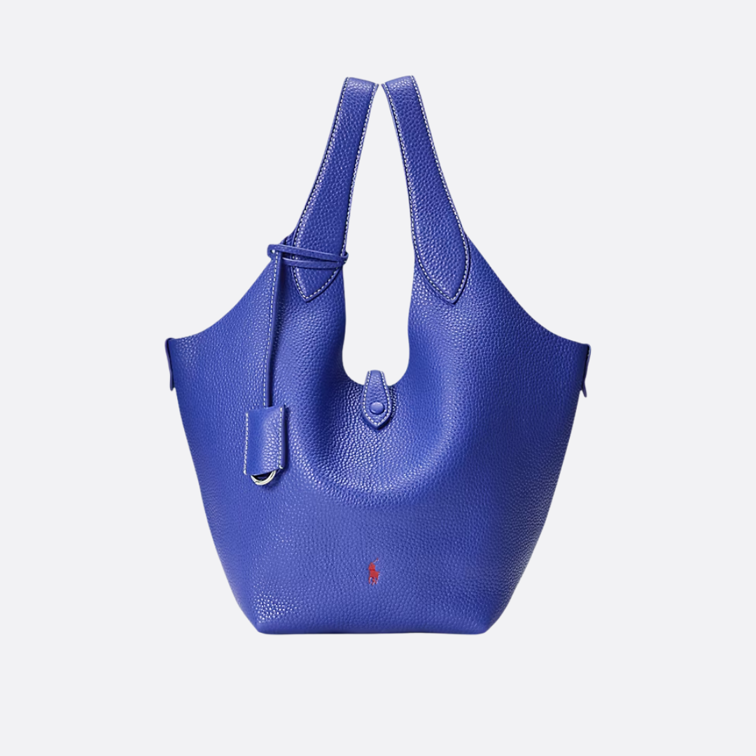 Small Bucket Tote Bag in Grained Leather with Tab Closure, image 8