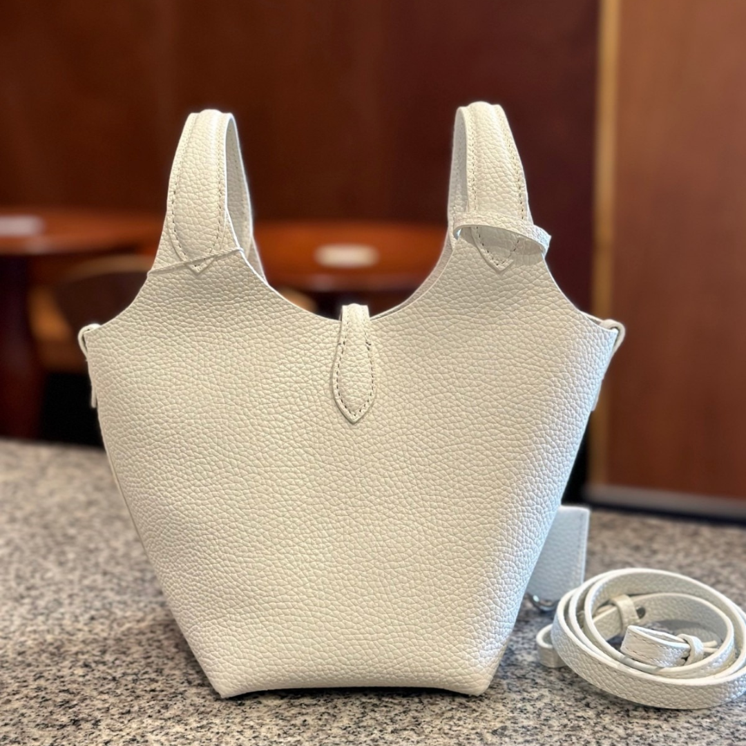 Small Bucket Tote Bag in Grained Leather with Tab Closure, image 5