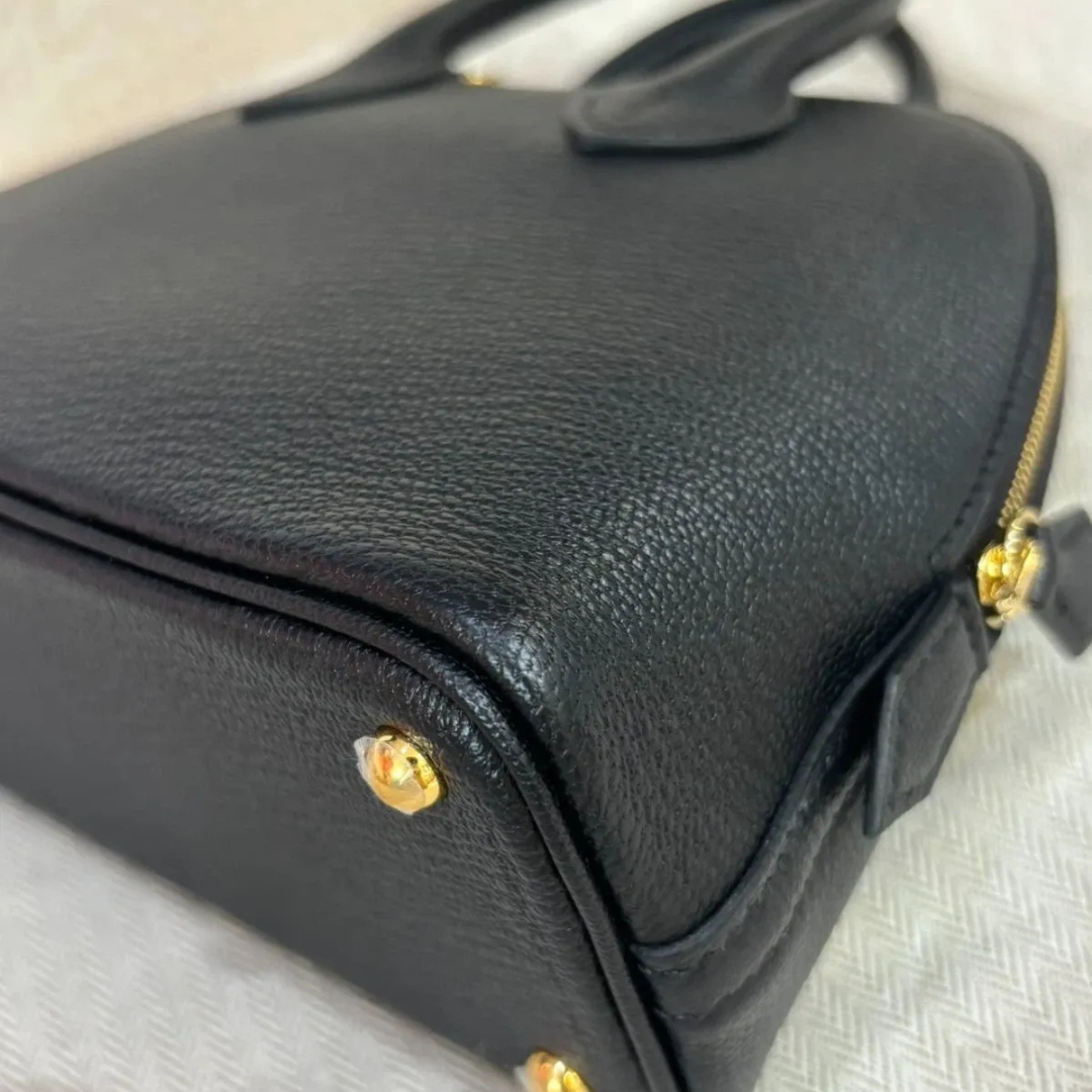 Domed Top Handle Bag in Black Leather with Striped Strap, image 7