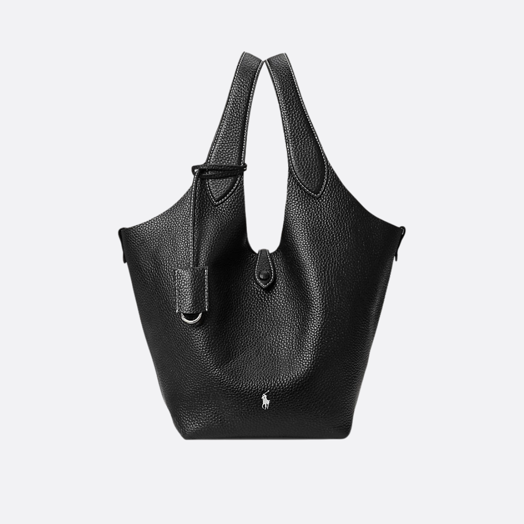 Small Bucket Tote Bag in Grained Leather with Tab Closure, image 2