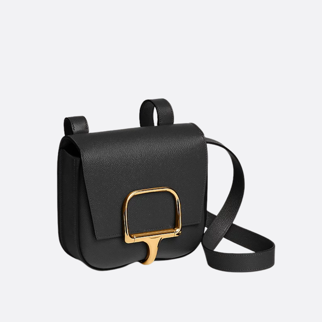 Flap Crossbody Bag in Black Grained Leather with Gold Clasp, image 3