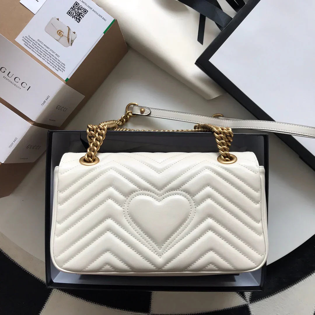 Chevron Quilted Flap Bag in White Leather with Gold Chain, image 2