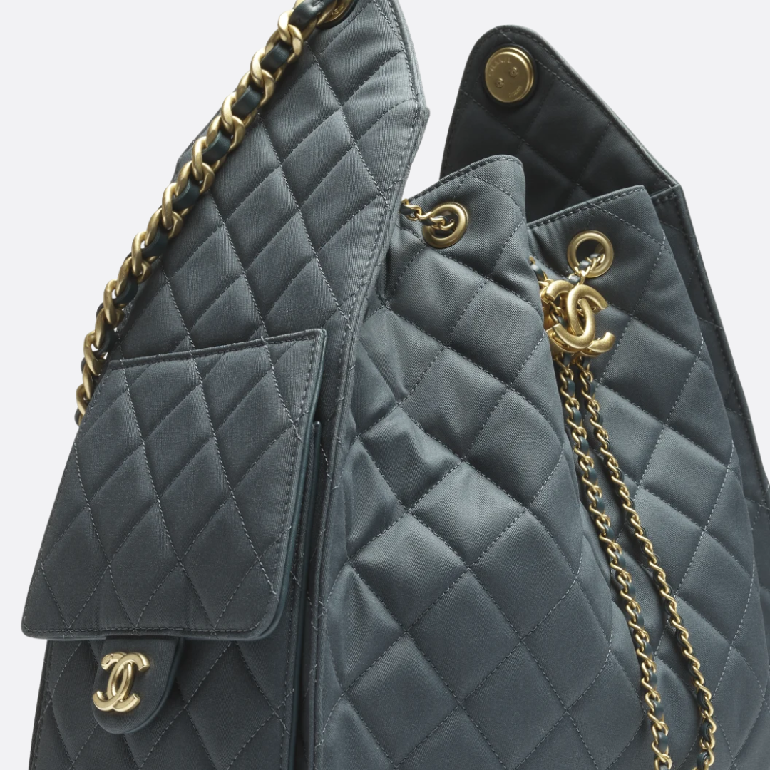 Bucket Bag in Grey Quilted Canvas with Gold Chain Handle, image 9