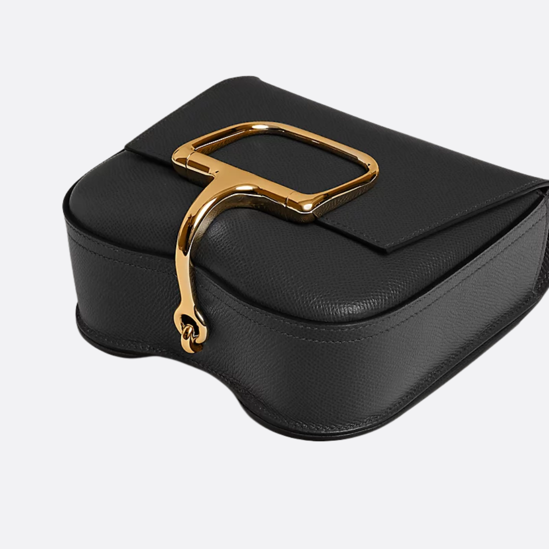 Flap Crossbody Bag in Black Grained Leather with Gold Clasp, image 6