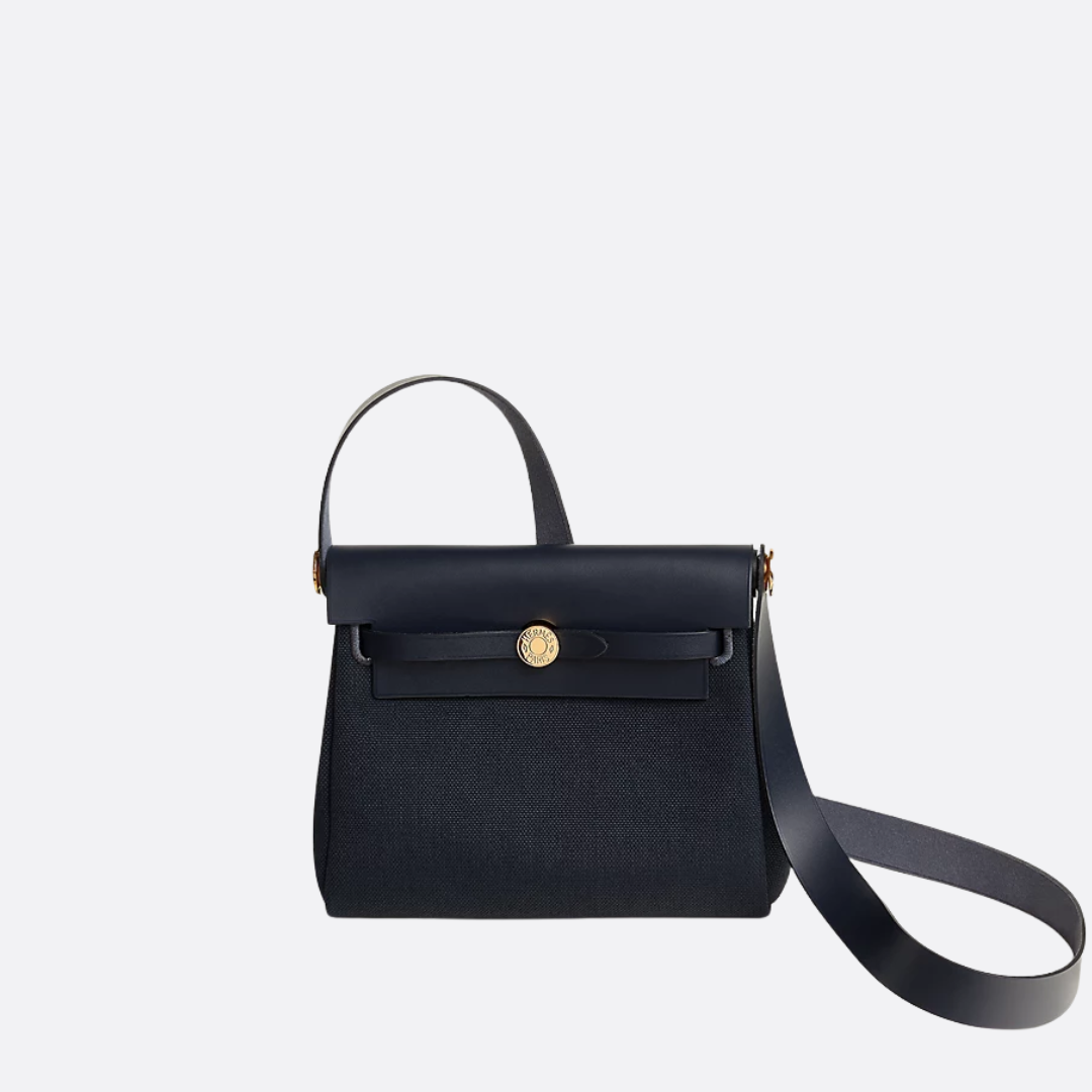 Flap Crossbody Bag in Navy Canvas with Gold Turn Stud