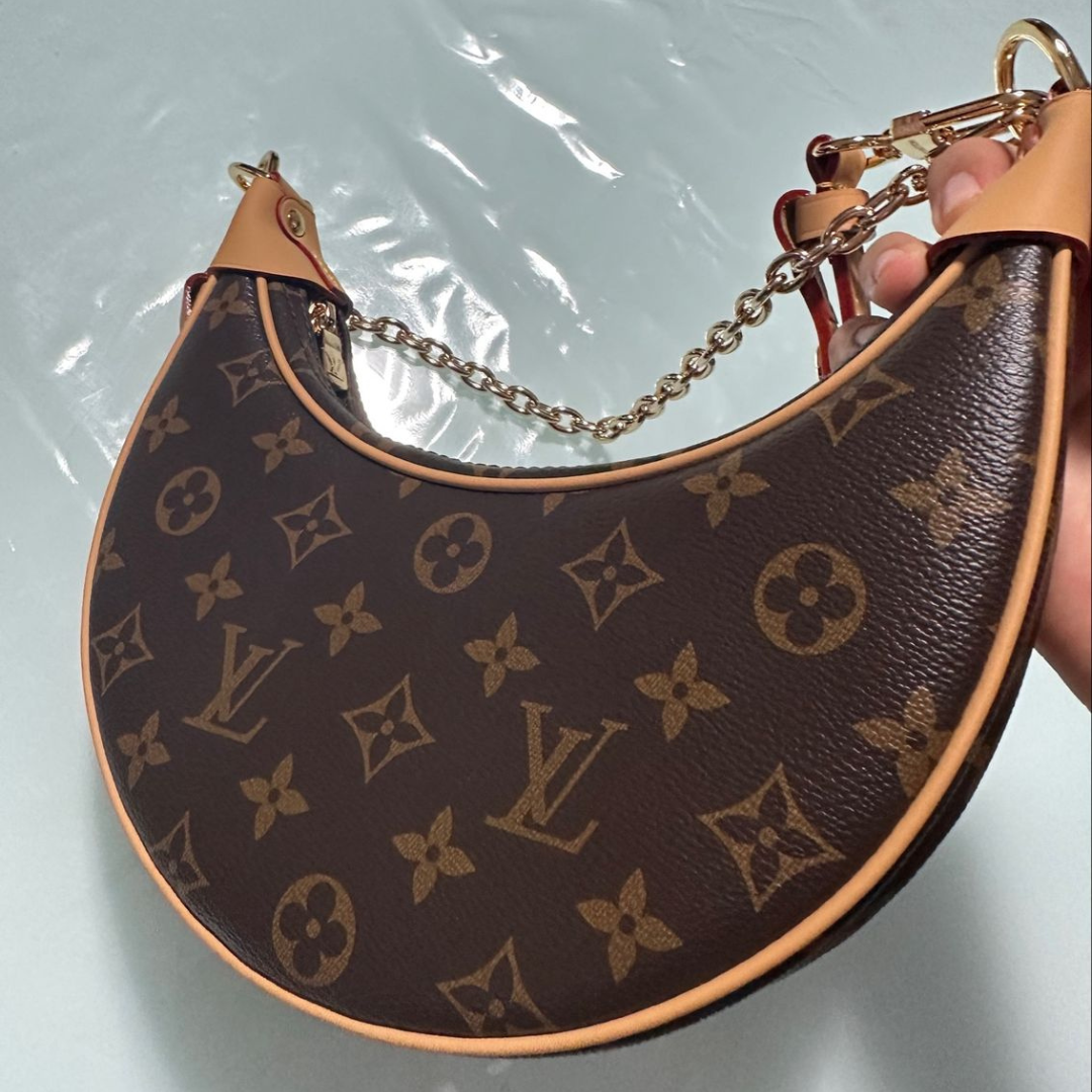 Crescent Shoulder Bag in Brown Printed Canvas with Gold Chain, image 4