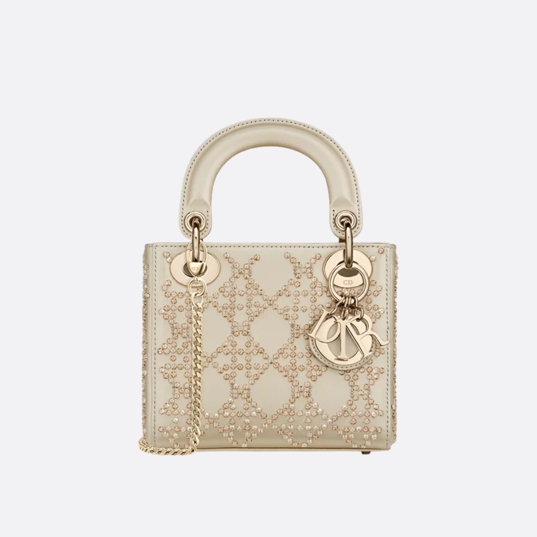 Mini Top Handle Bag in Champagne Quilted Leather with Studs