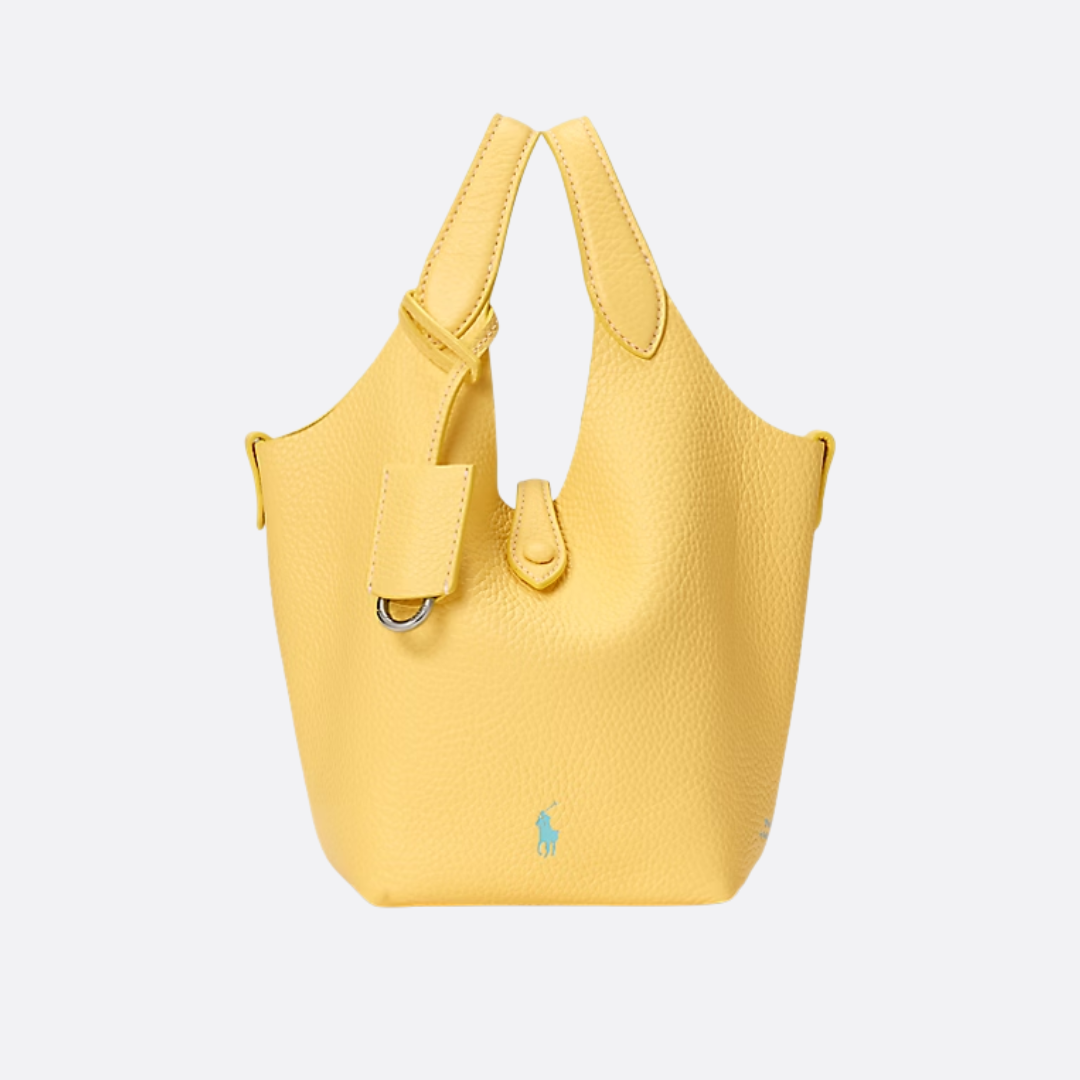 Small Bucket Tote Bag in Grained Leather with Tab Closure, image 3