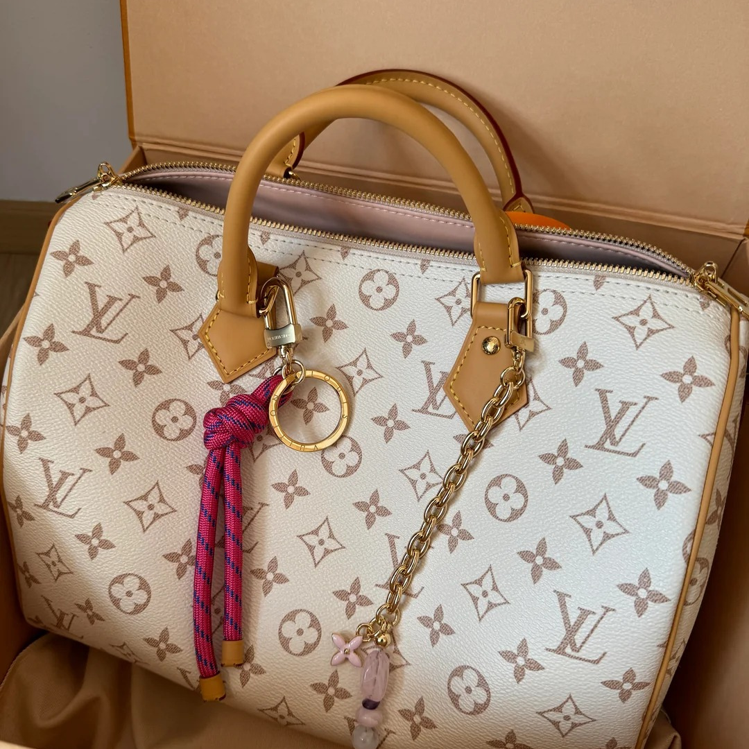 Top Handle Bag in Cream Printed Canvas with Pink Knot Charm, image 2
