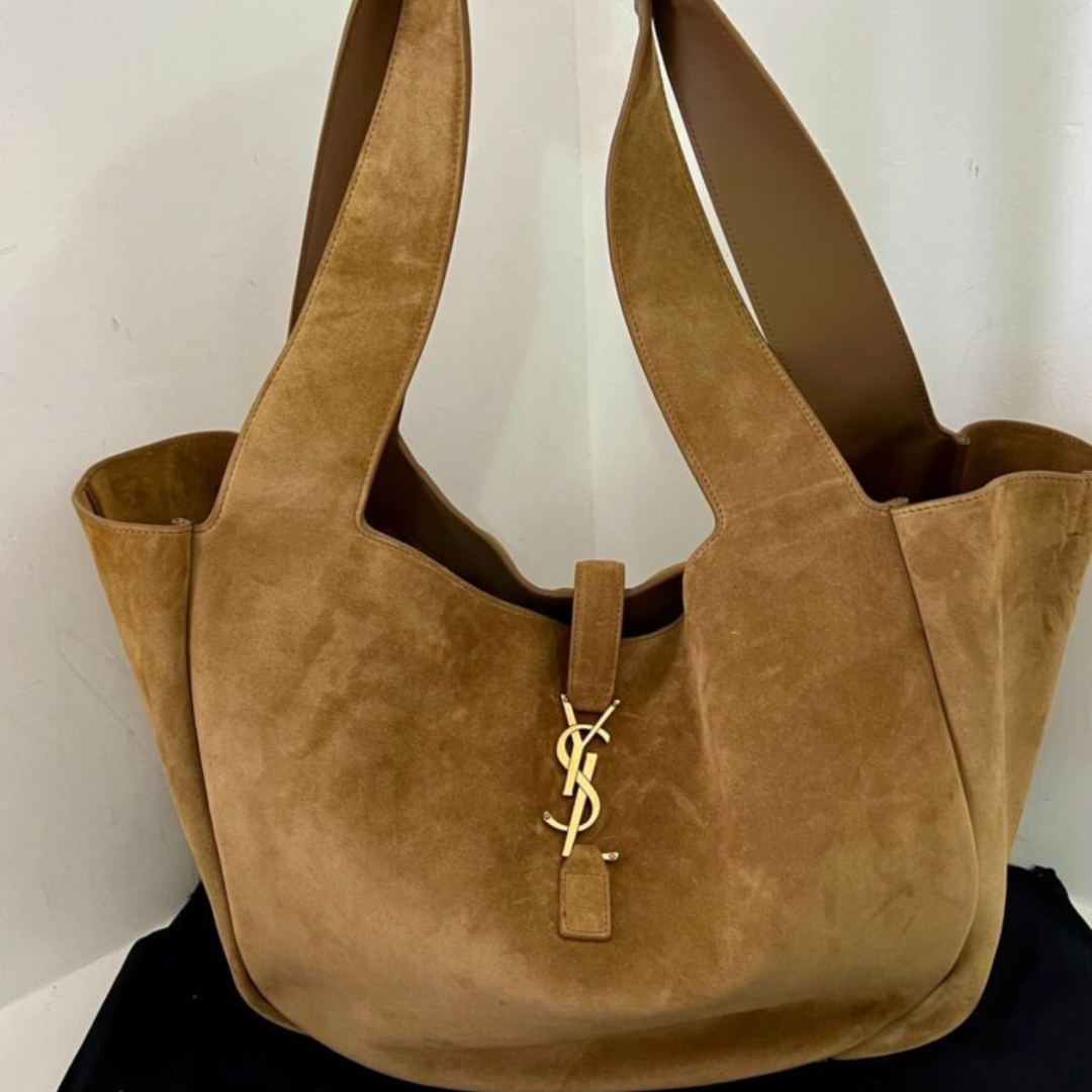 Shoulder Tote Bag in Tan Suede with Gold Closure, image 6