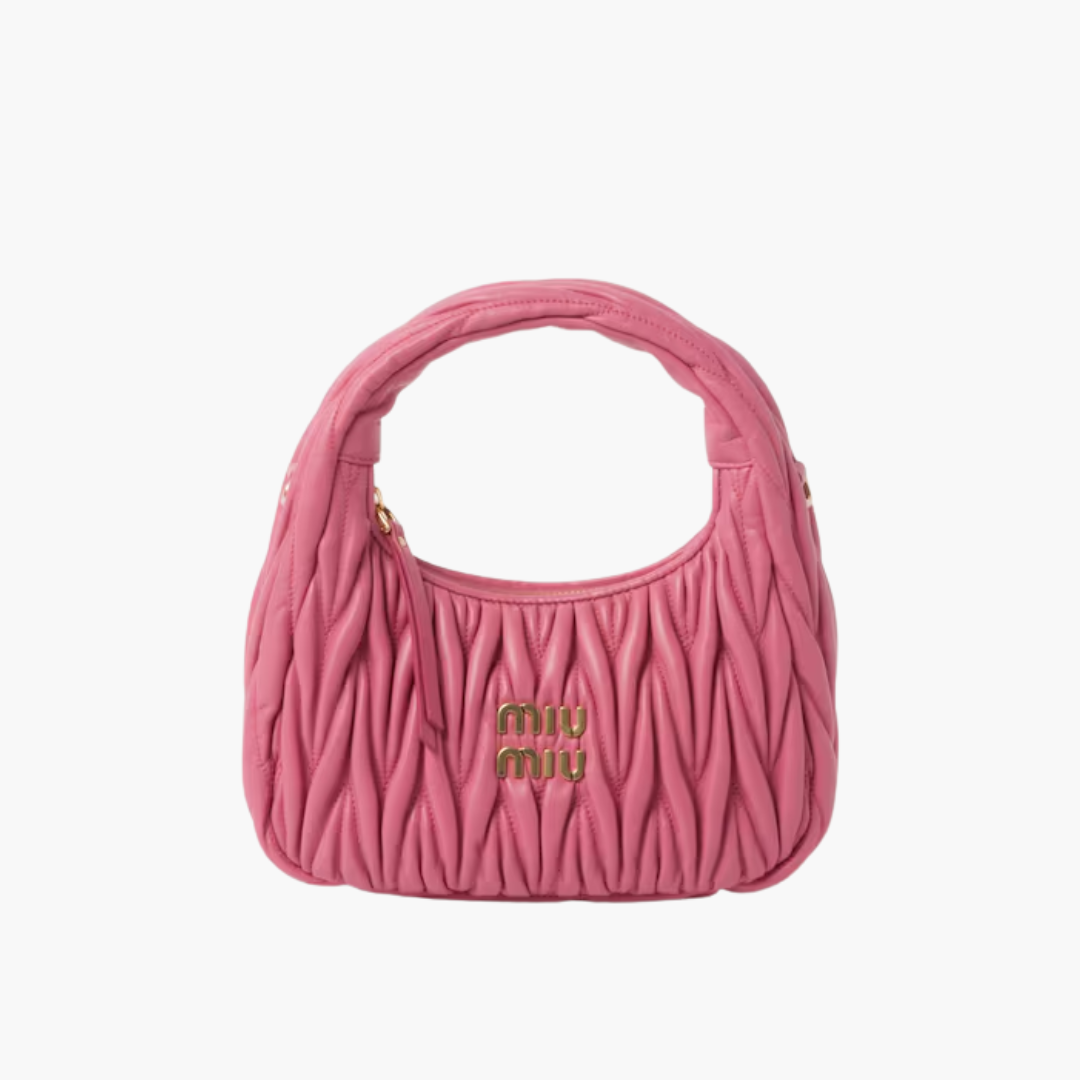 Mini Hobo Bag in Pink Ruched Nappa Leather with Zip Top