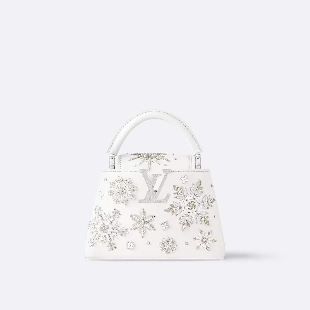 Mini Top Handle Bag in White with Crystal Snowflake Details