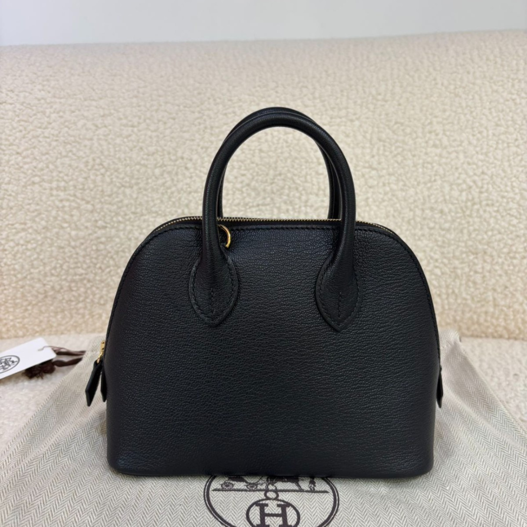 Domed Top Handle Bag in Black Leather with Striped Strap, image 6