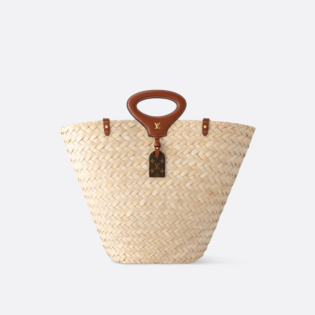 Woven Palm Basket Tote Bag with Tan Leather Handle
