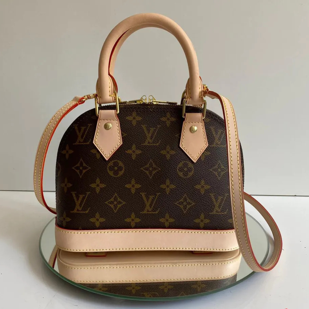 Dome Top Handle Bag in Brown Printed Canvas with Strap, image 9