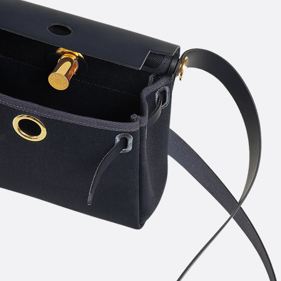 Flap Crossbody Bag in Navy Canvas with Gold Turn Stud, image 3