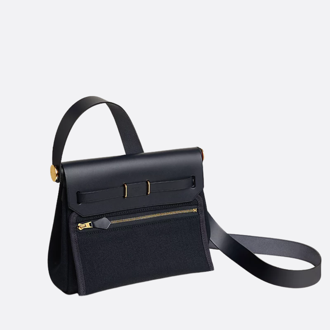 Flap Crossbody Bag in Navy Canvas with Gold Turn Stud, image 4