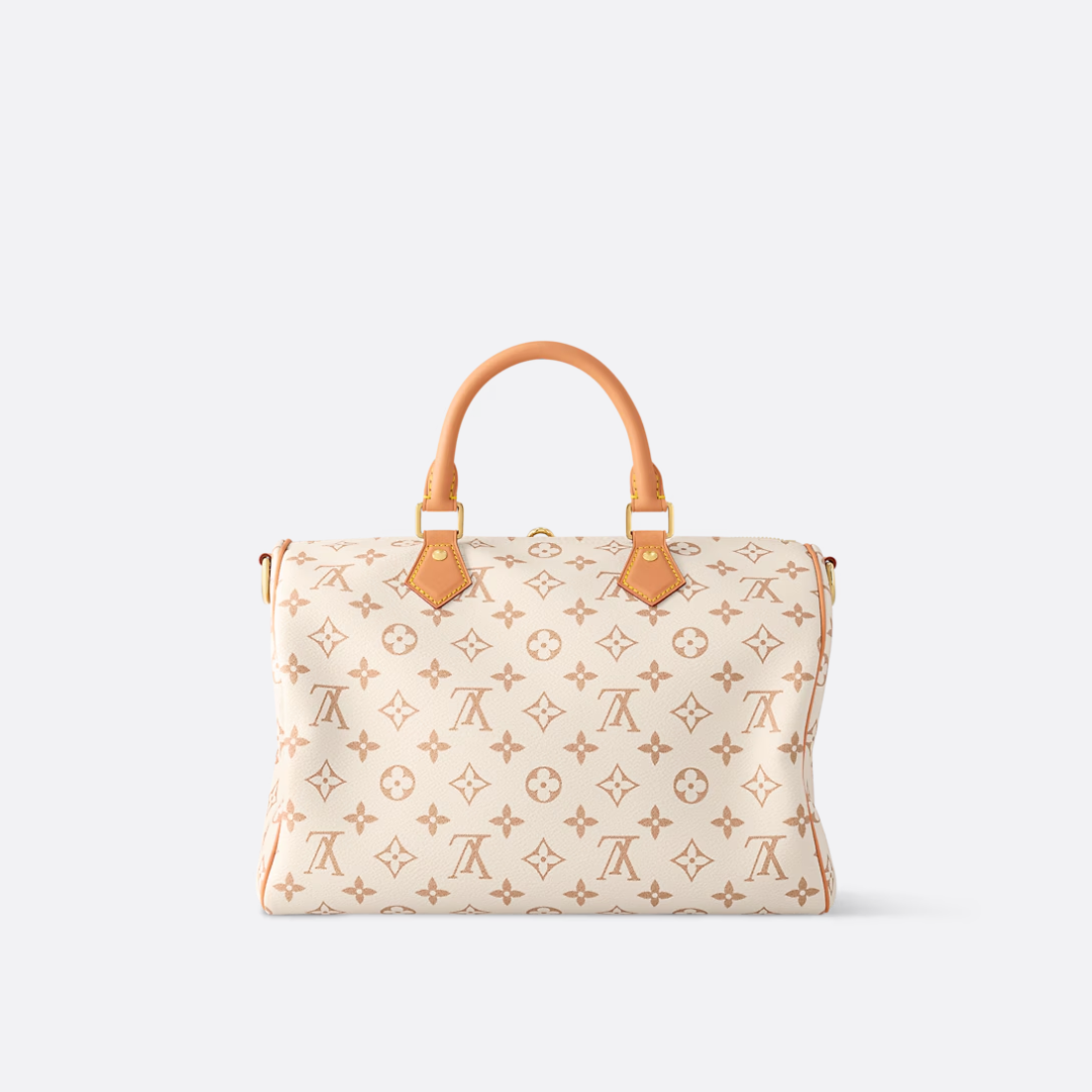 Top Handle Bag in Cream Printed Canvas with Pink Knot Charm, image 9