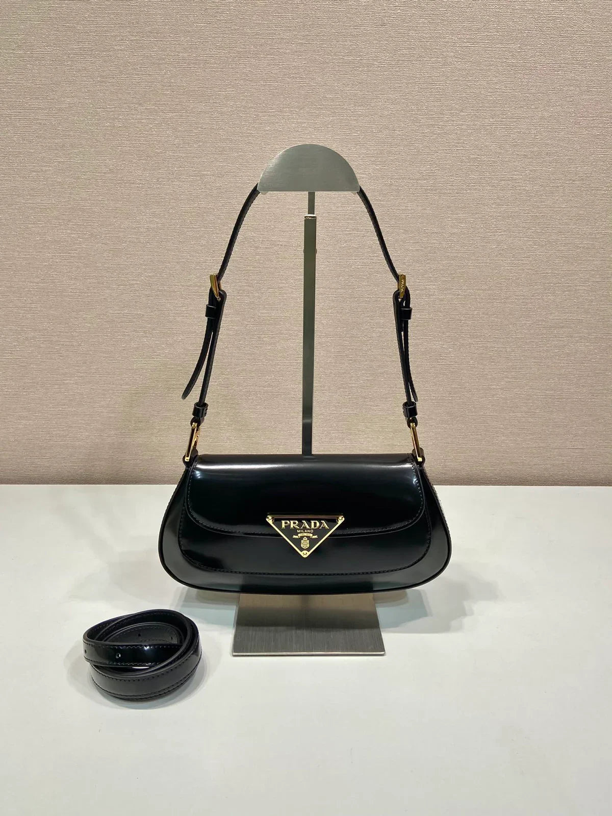 Baguette Shoulder Bag in Black Patent Leather with Gold Plaque
