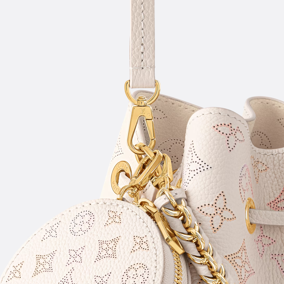 Bucket Bag in Cream Printed Leather with Chain and Round Pouch, image 6