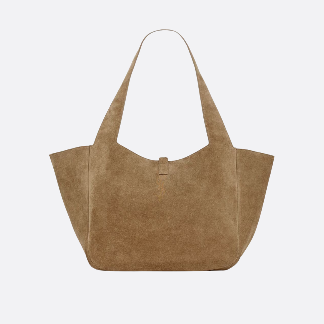 Shoulder Tote Bag in Tan Suede with Gold Closure, image 11