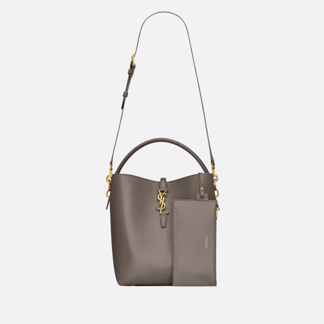 Bucket Bag in Taupe Glossy Leather with Top Handle, image 8