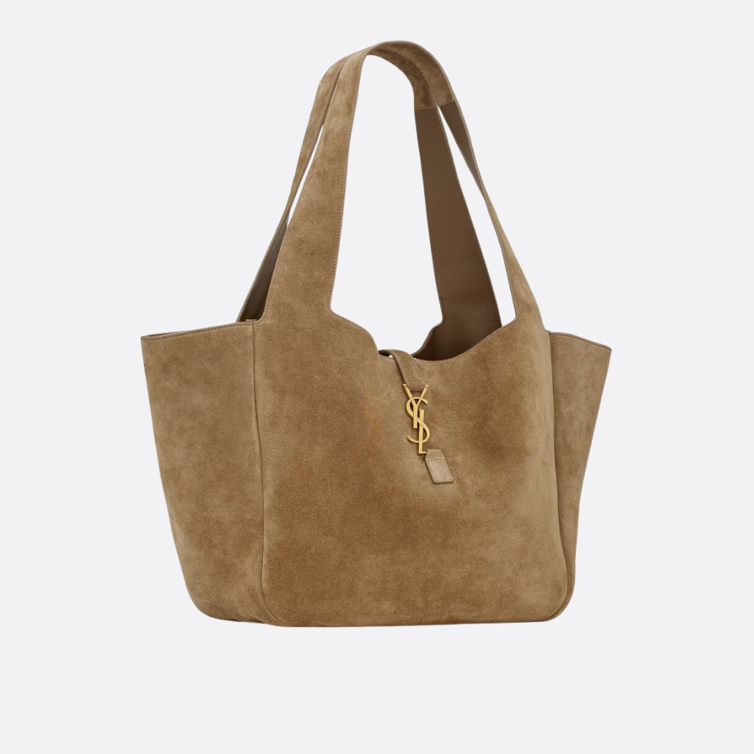 Shoulder Tote Bag in Tan Suede with Gold Closure, image 3