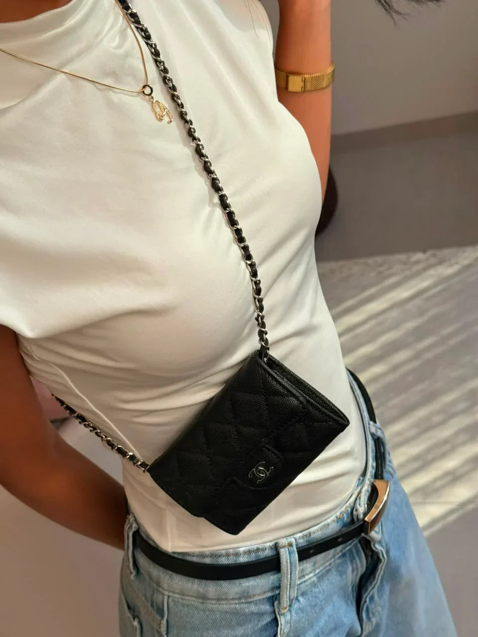 Chain Wallet Crossbody in Black Diamond Quilted Leather, image 6