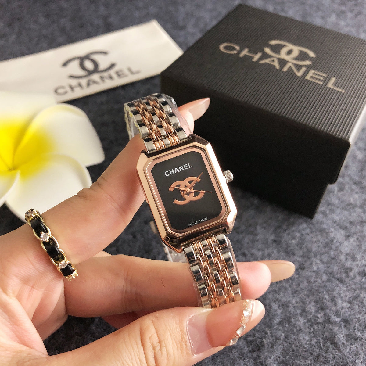 Rectangular Link Watch in Rose Gold and Silver with Black Dial