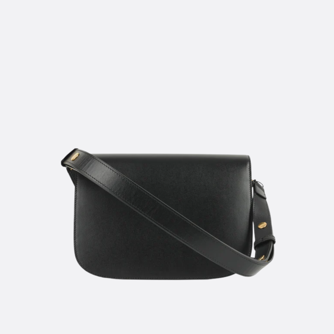 Flap Shoulder Bag in Black Smooth Leather with Gold Bar Clasp, image 3