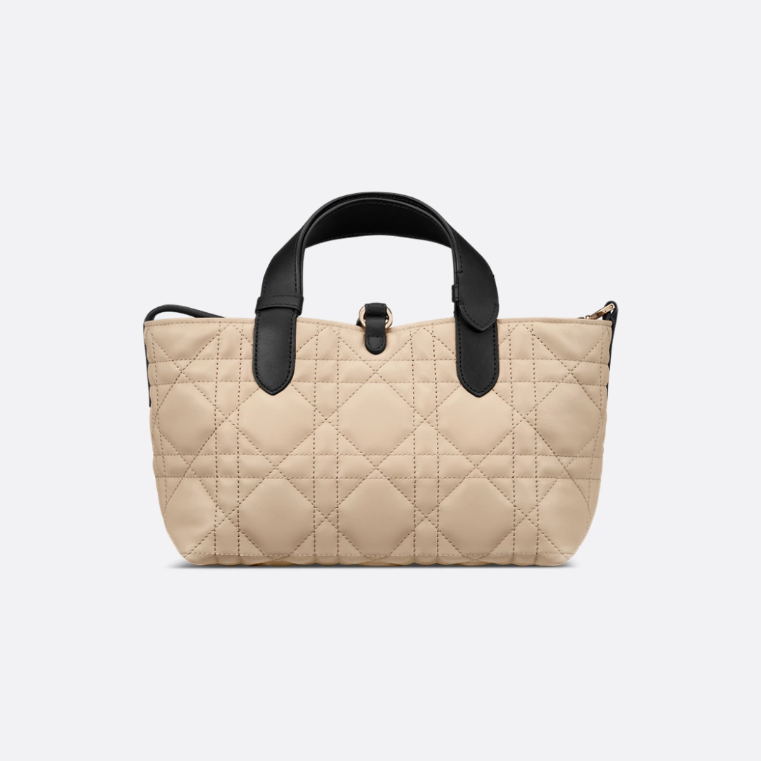 Small Tote Bag in Beige Quilted Leather with Black Handles, image 7
