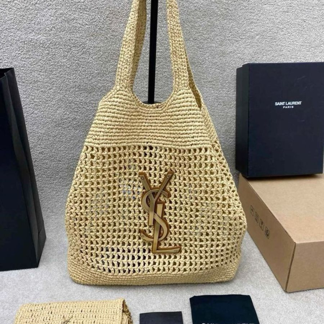 Woven Raffia Hobo Tote Bag with Open-Weave Panel, image 5