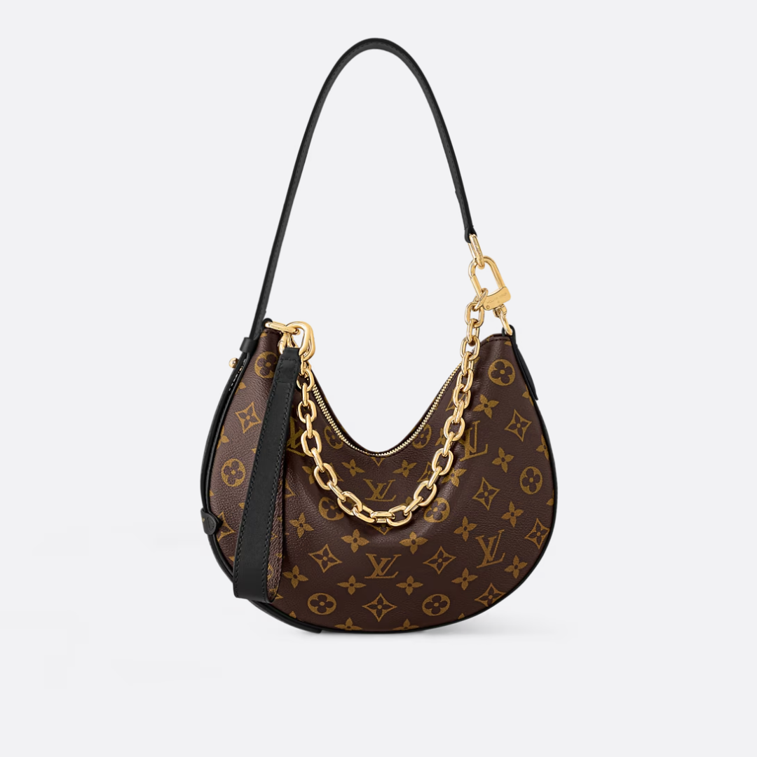 Crescent Shoulder Bag in Brown Printed Canvas with Gold Chain