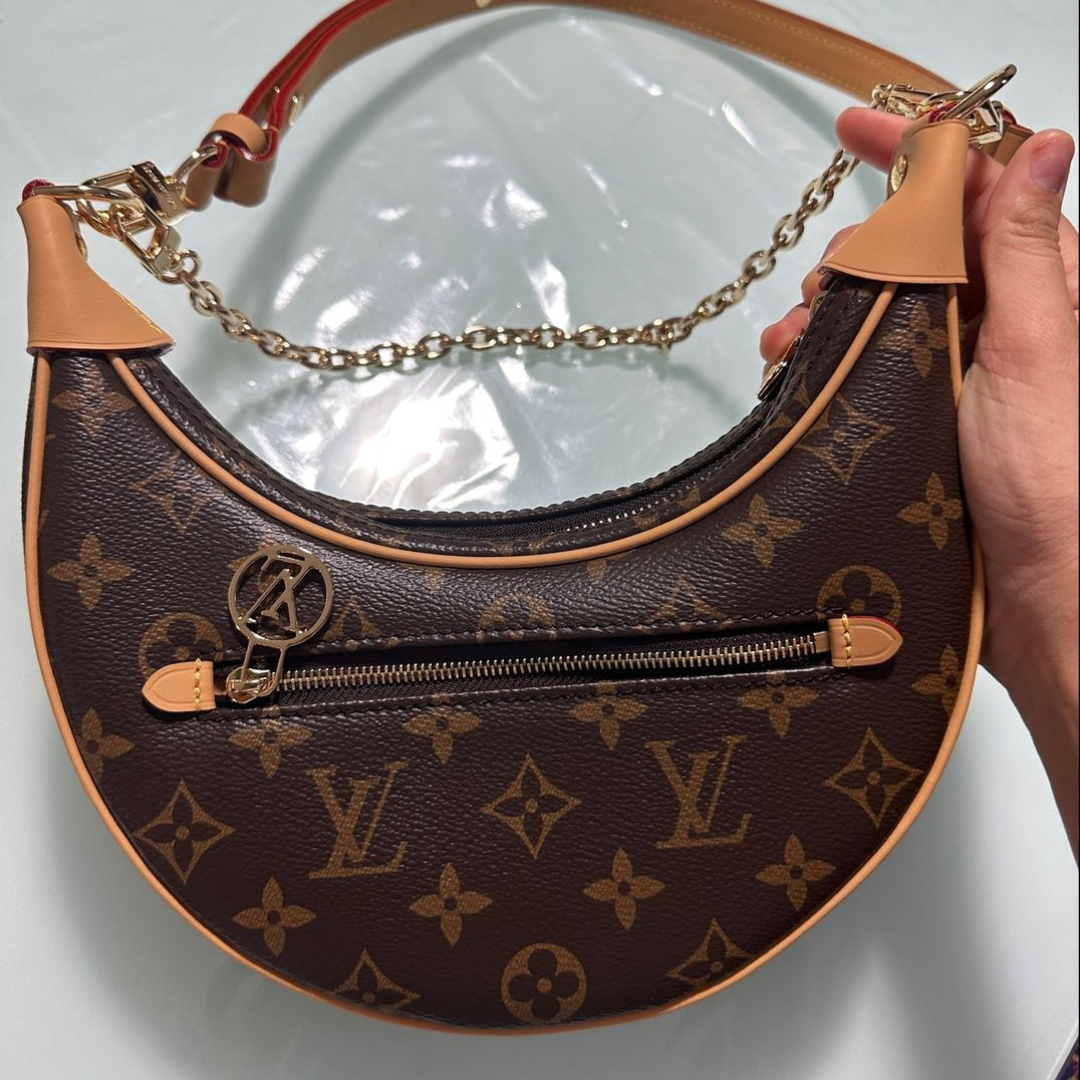 Crescent Shoulder Bag in Brown Printed Canvas with Gold Chain, image 5