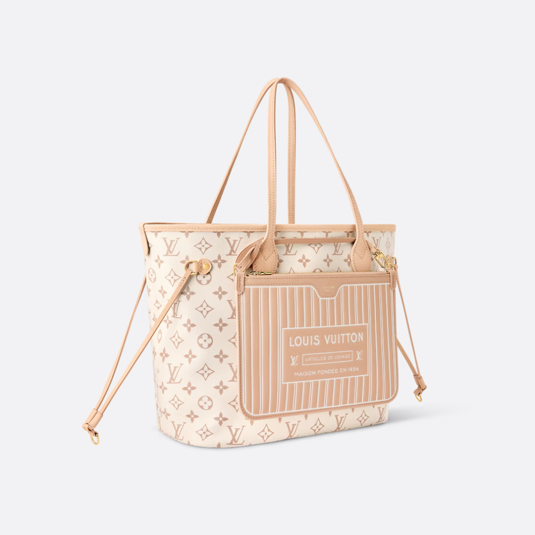 Tote Bag in Cream Printed Canvas with Tan Side Ties and Pocket