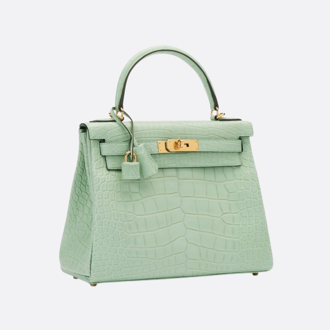 HMÈ Kelly 28 – Matte Alligator Leather Vert D’eau (reversed Stitches)