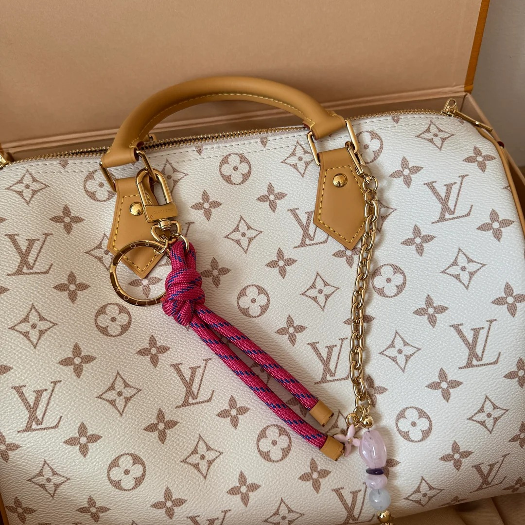 Top Handle Bag in Cream Printed Canvas with Pink Knot Charm, image 3