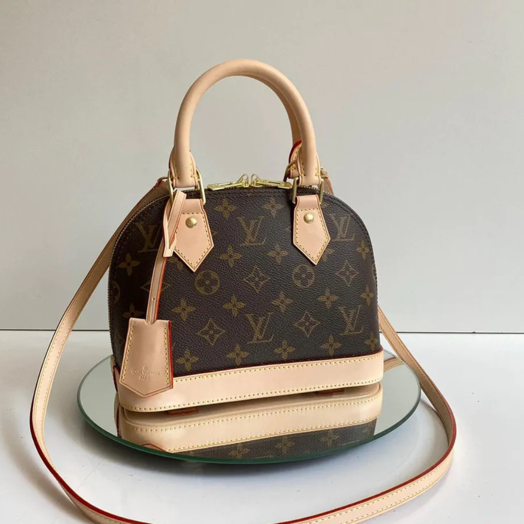 Dome Top Handle Bag in Brown Printed Canvas with Strap, image 6
