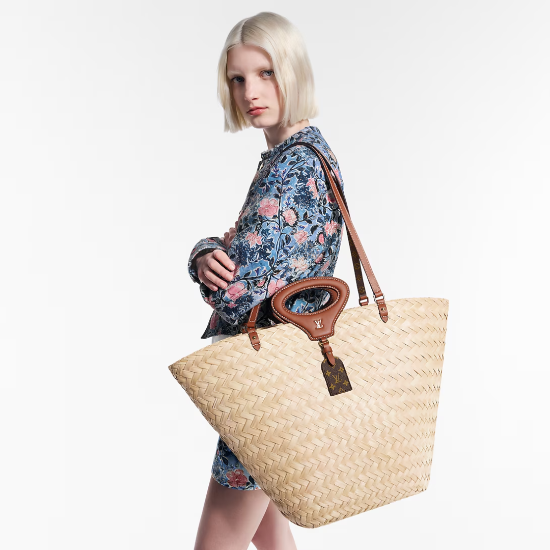 Woven Palm Basket Tote Bag with Tan Leather Handle, image 2