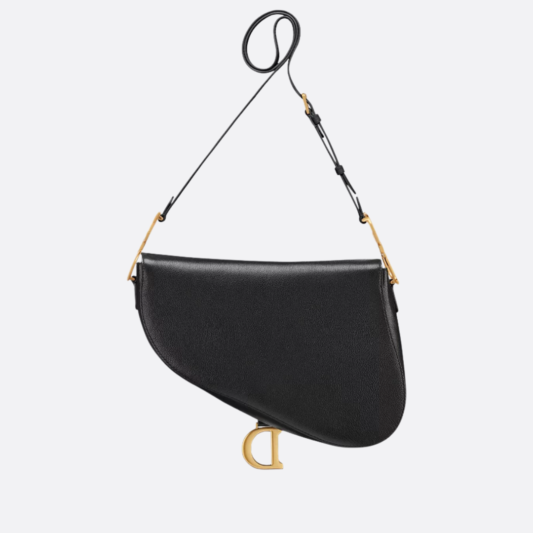 Saddle Shoulder Bag in Black Grained Leather with Flap, image 5