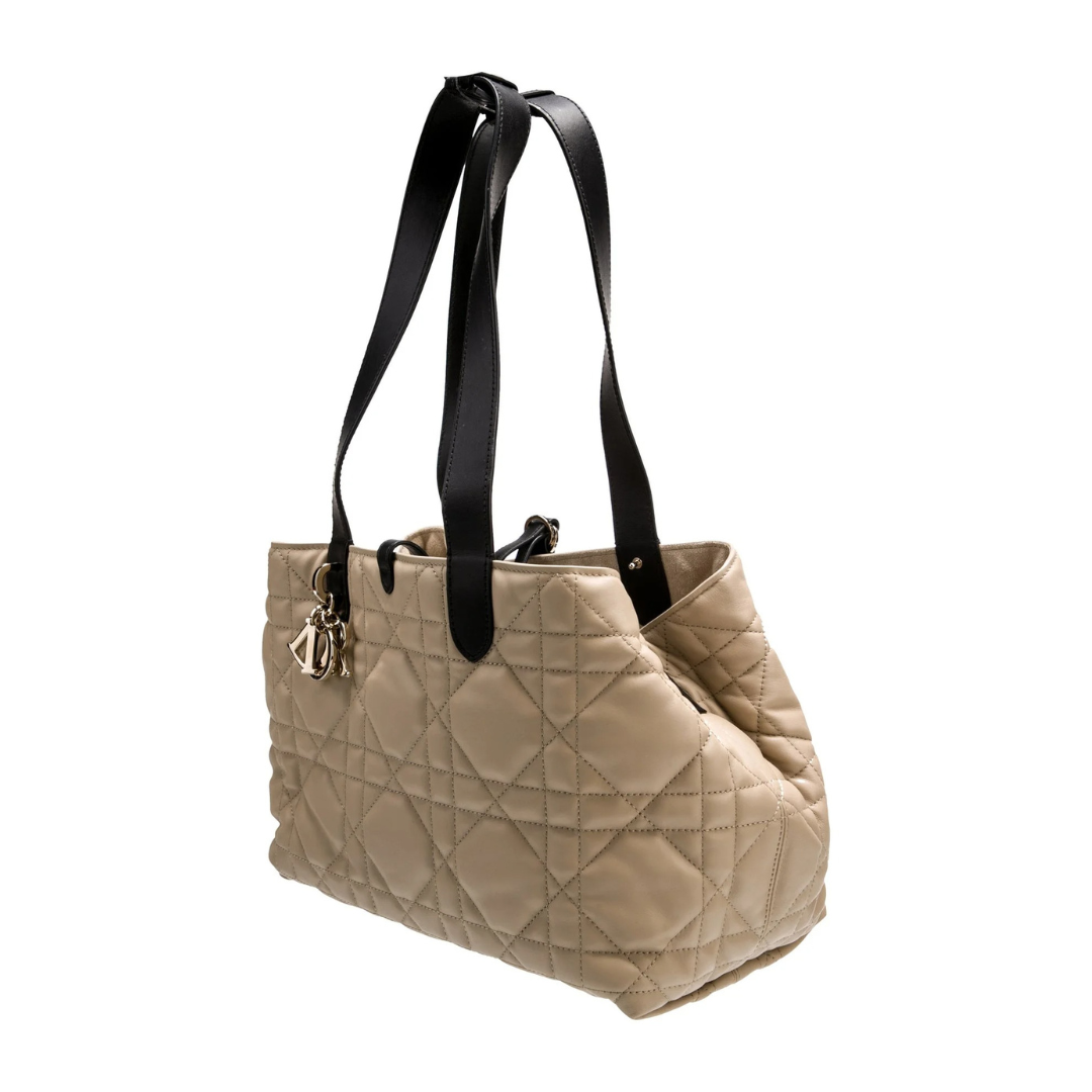 Small Tote Bag in Beige Quilted Leather with Black Handles, image 4