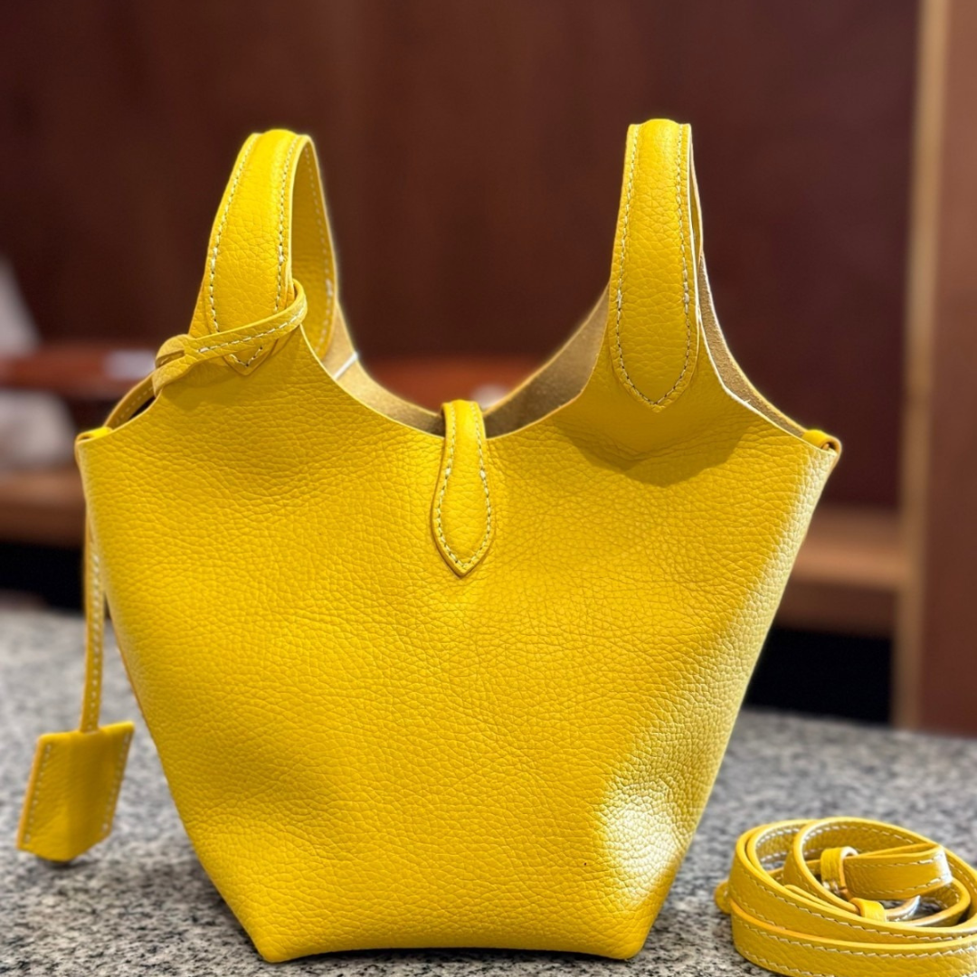 Small Bucket Tote Bag in Grained Leather with Tab Closure, image 19