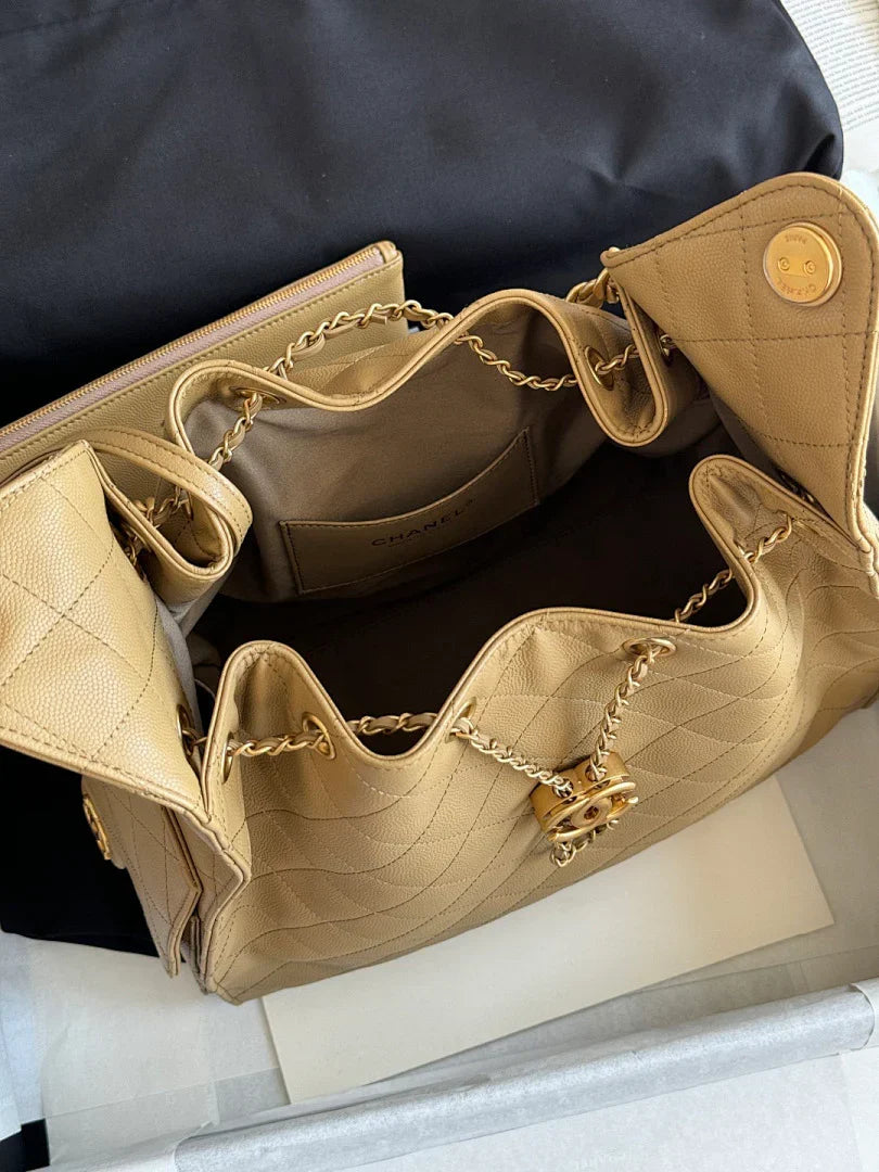 Large Soft Hobo Bag in Beige Quilted Leather with Chain Straps, image 5