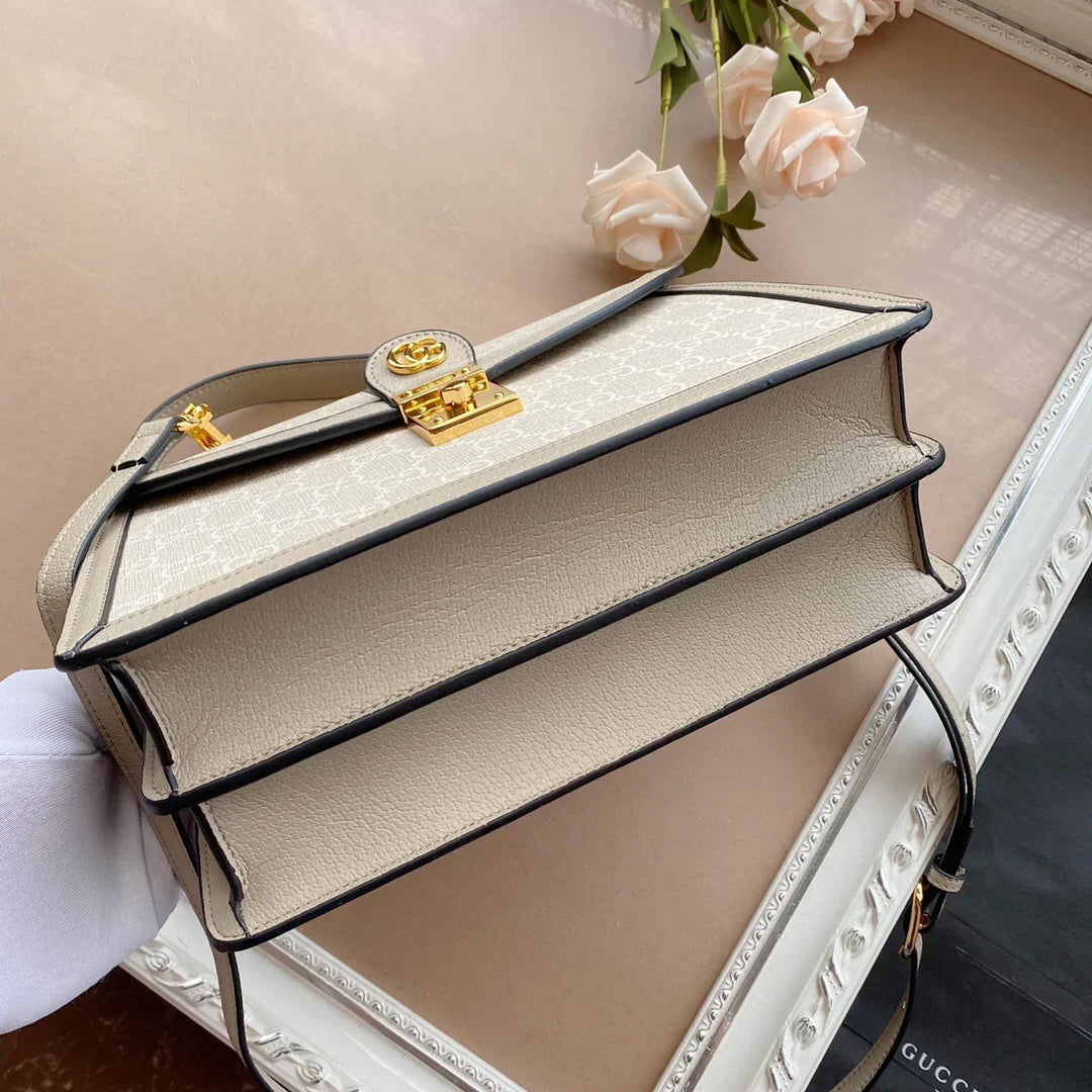 Top Handle Bag in Cream Coated Canvas with Striped Trim, image 9