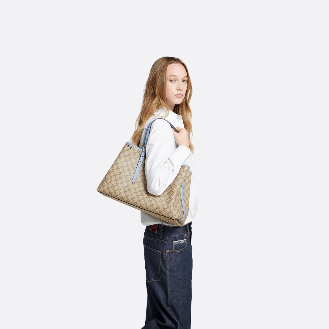 Large Tote Bag in Beige Coated Canvas with Pale Blue Trim, image 12