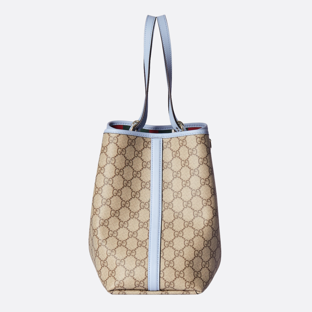 Large Tote Bag in Beige Coated Canvas with Pale Blue Trim, image 13