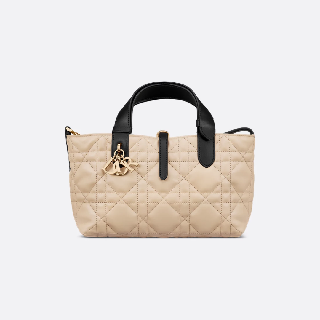 Small Tote Bag in Beige Quilted Leather with Black Handles, image 8