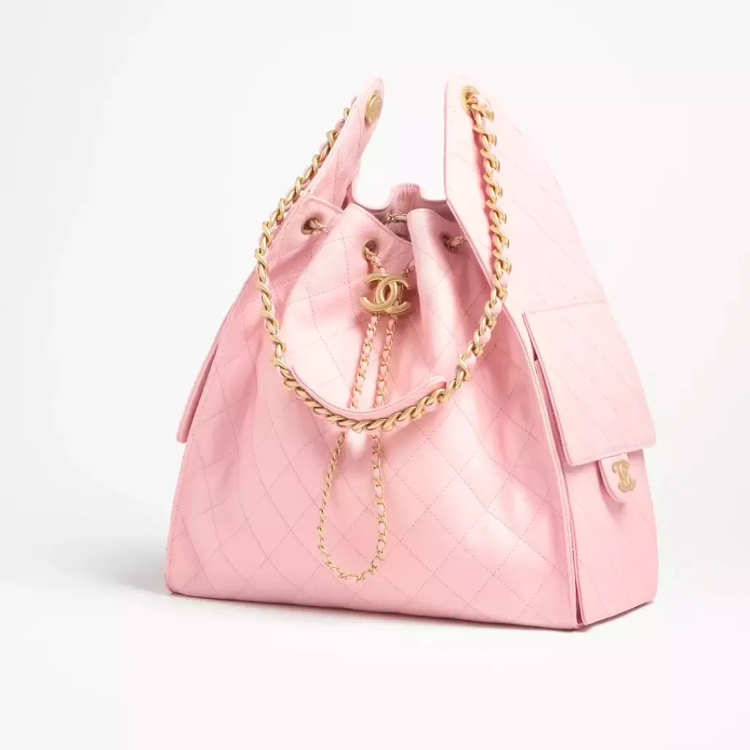 Bucket Bag in Light Pink Quilted Leather with Chain Handles, image 3