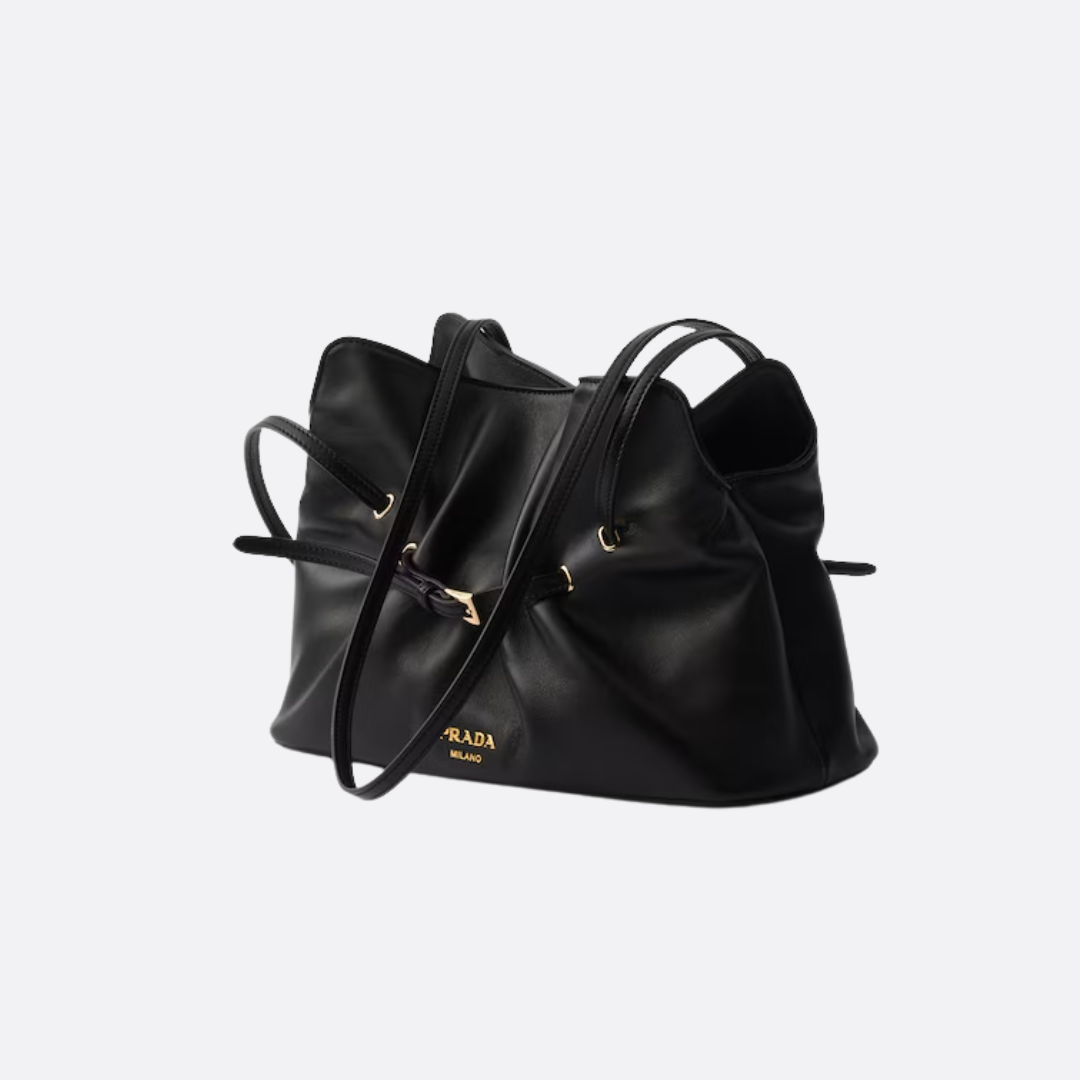 Gathered Shoulder Bag in Black Smooth Leather with Buckle, image 3