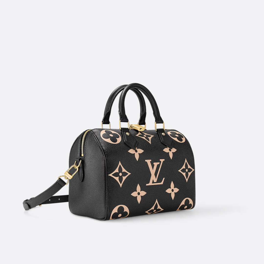 Top Handle Bag in Black Grained Leather with Beige Floral Print, image 3